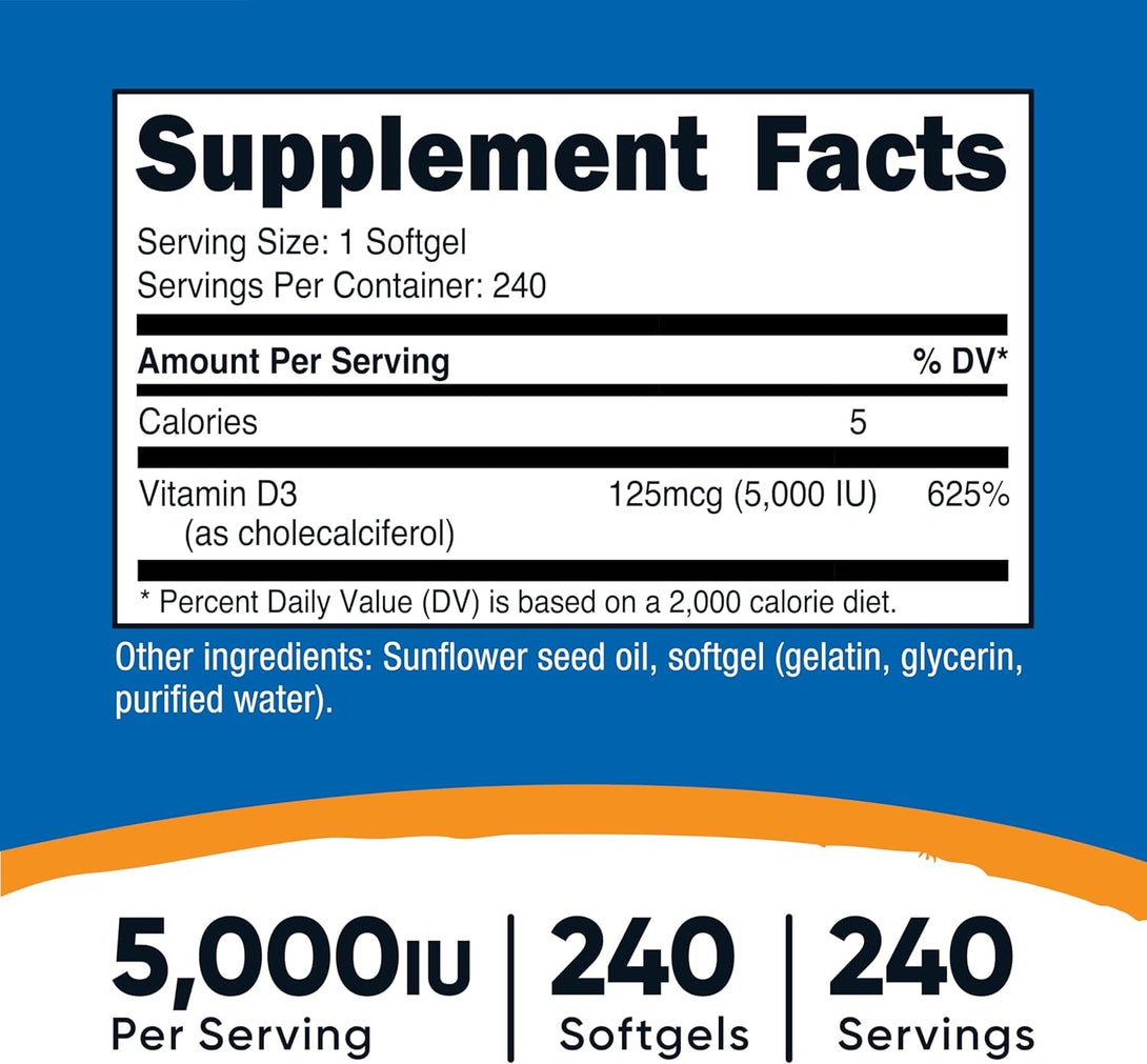 Nutricost Vitamin D3 5,000 IU (125Mcg), 240 Softgels - Non-Gmo and Gluten Free Vitamin D