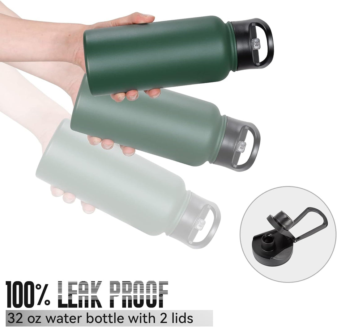 32 Oz Insulated Water Bottle Bulk 4 Pack, Stainless Steel Sports Water Bottles with Straw Lid & Wide Mouth Lids, Double Walled Vacuum, Leak Proof, Dark Green