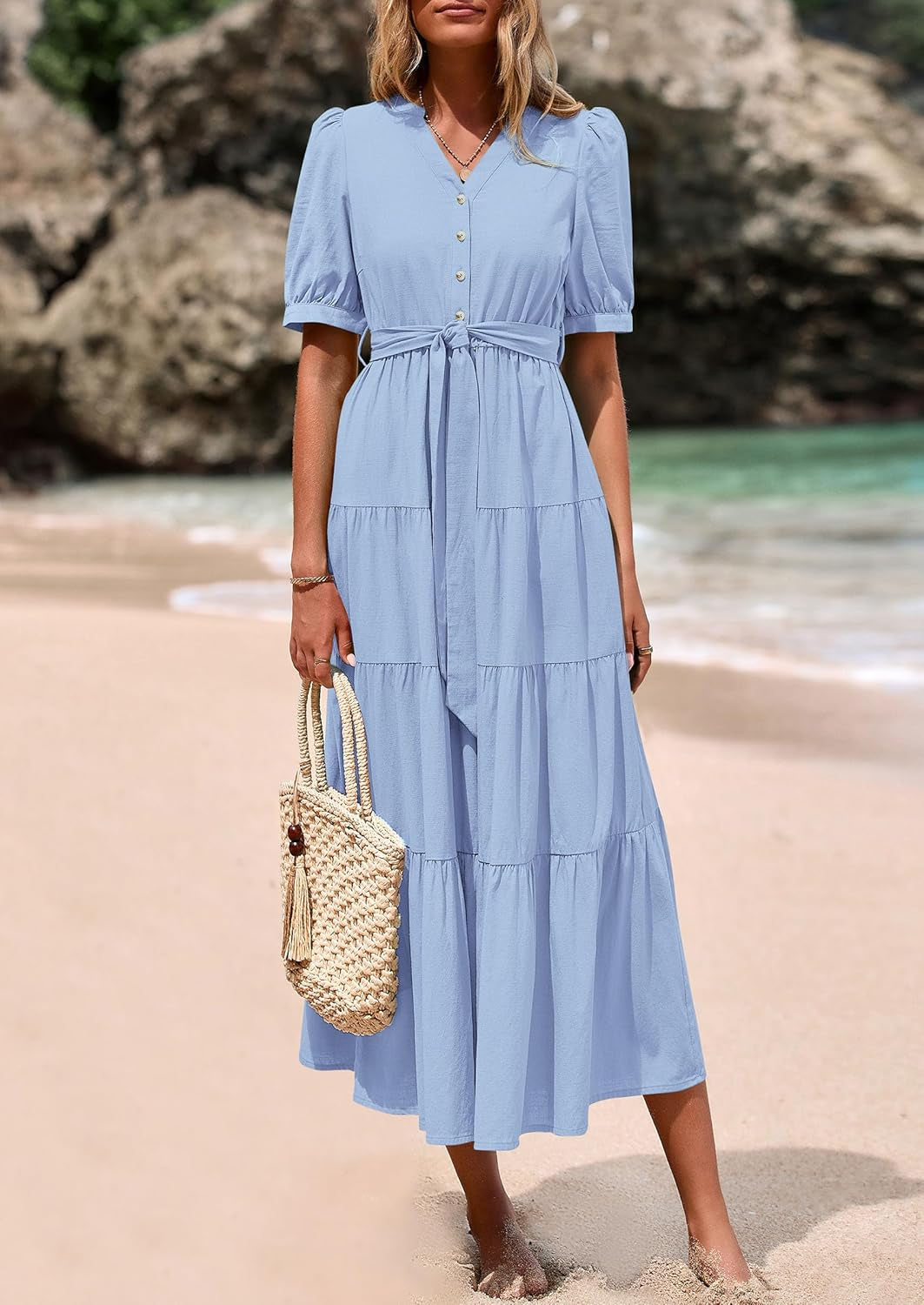 PRETTYGARDEN Women'S Midi Dress 2025 Summer Casual Short Sleeve V Neck Buttons Belted Ruffle a Line Flowy Dress with Pockets