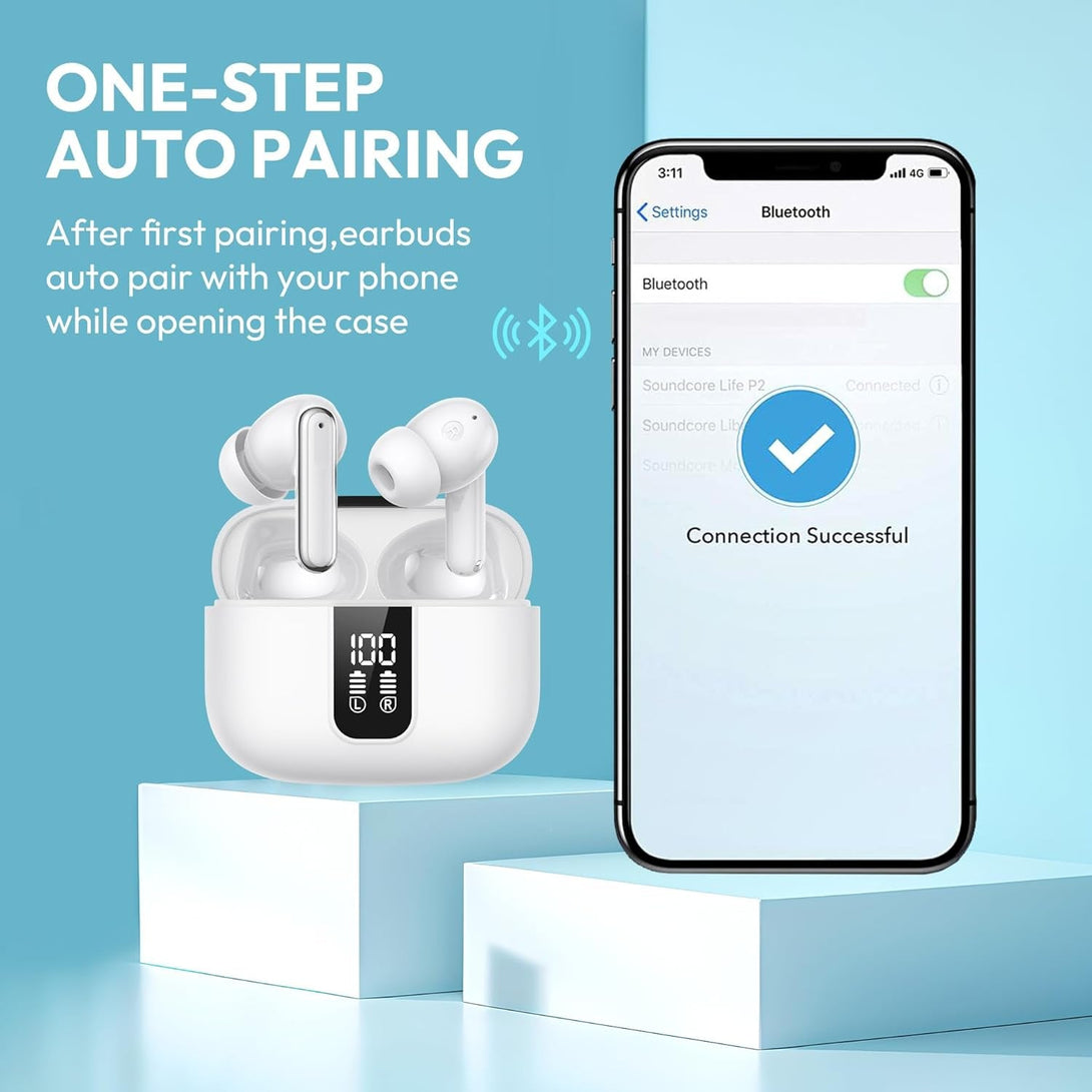 Earbuds Wireless Bluetooth Ear Buds 60H Playback LED Power Display Headphone Wireless Bluetooth IPX5 Waterproof In-Ear Earbuds with Mic for TV Smart Phone Laptop Computer Sports (White)