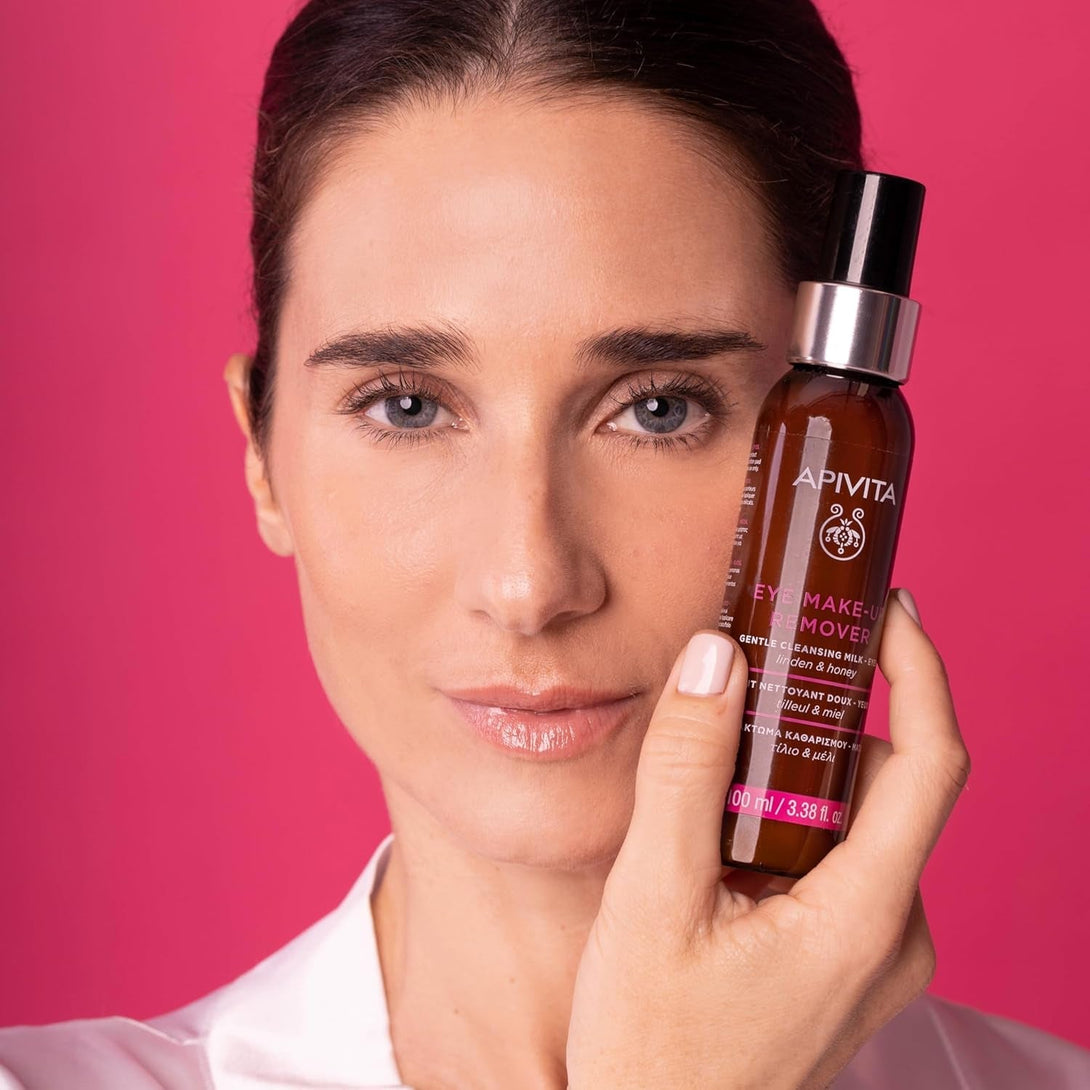 Apivita Eye Makeup Remover | Hydrating & Soothing Gentle Cleansing Milk with Linden & Honey, 100 Ml / 3.38 Oz