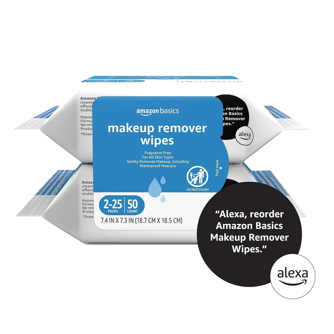 Amazon Basics Make up Remover Wipes, Fragrance Free, 25 Count, Pack of 2 (Previously Solimo)