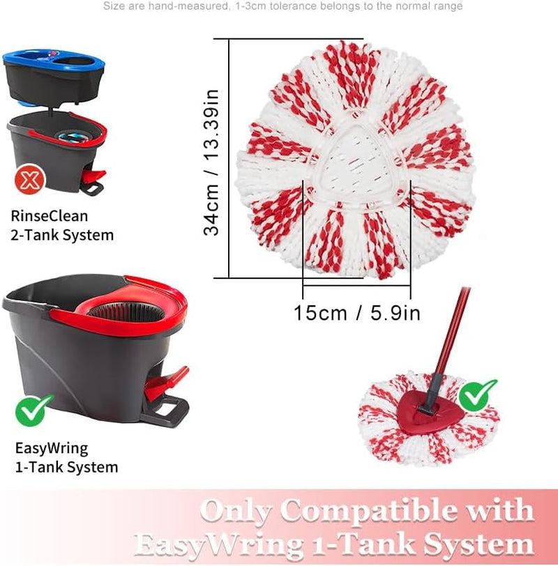 4-Pack Mop Replacement Heads Compatible with Ocedar Easywring 1-Tank Spin System, up 40% More Cleaning Power Mop Replace Head, Microfiber and Machine Washable Deep Cleaning Mop Refills (Red)