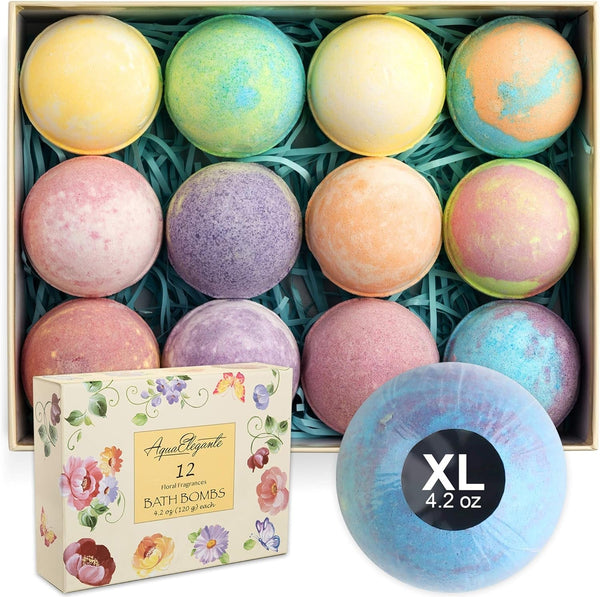 Flower Bath Bombs Gift Set - 12 Large Natural Bathbombs for Women with Scented Essential Oils and Moisturizing Shea Butter + Organic Coconut Oil for Fizzy Bubbles