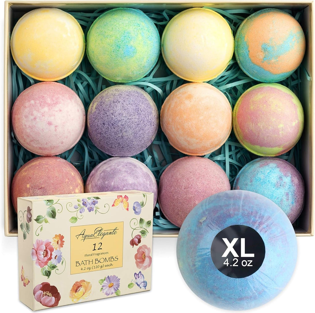 Flower Bath Bombs Gift Set - 12 Large Natural Bathbombs for Women with Scented Essential Oils and Moisturizing Shea Butter + Organic Coconut Oil for Fizzy Bubbles
