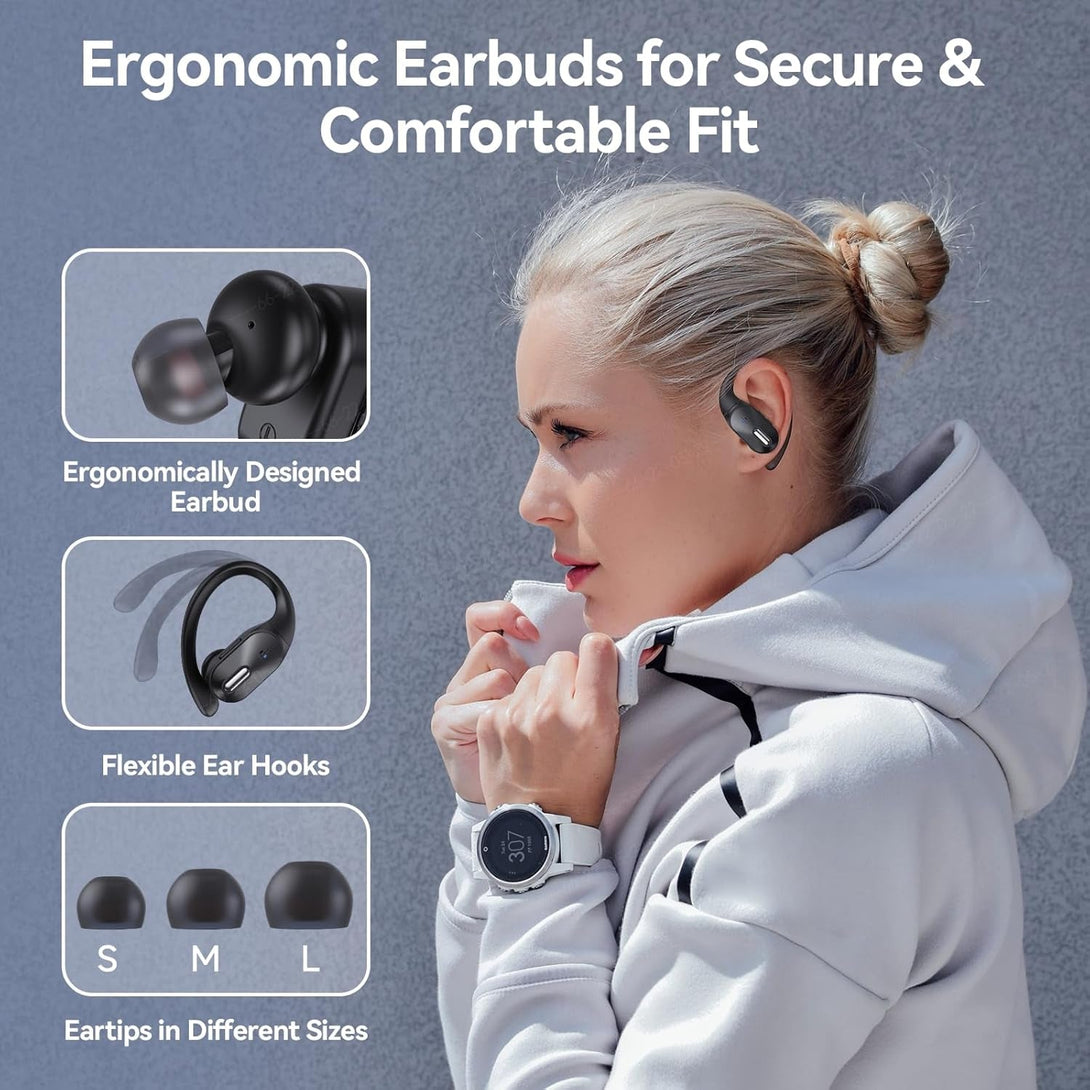 Bluetooth Headphones Wireless Earbuds Bass Stereo Sound with Wireless Charging Case 48H Playback Earphones LED Display with Built in Mic and over Earhooks Waterproof Headset for Running