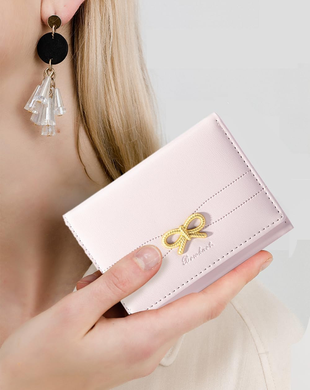 Cute Wallet Coquette Bow Small Wallet Tri-Folded Aesthetic Bifold RFID Blocking Card Holder Leather Mini Short Coin Purse with ID Window for Women Girls Ladies -Pink