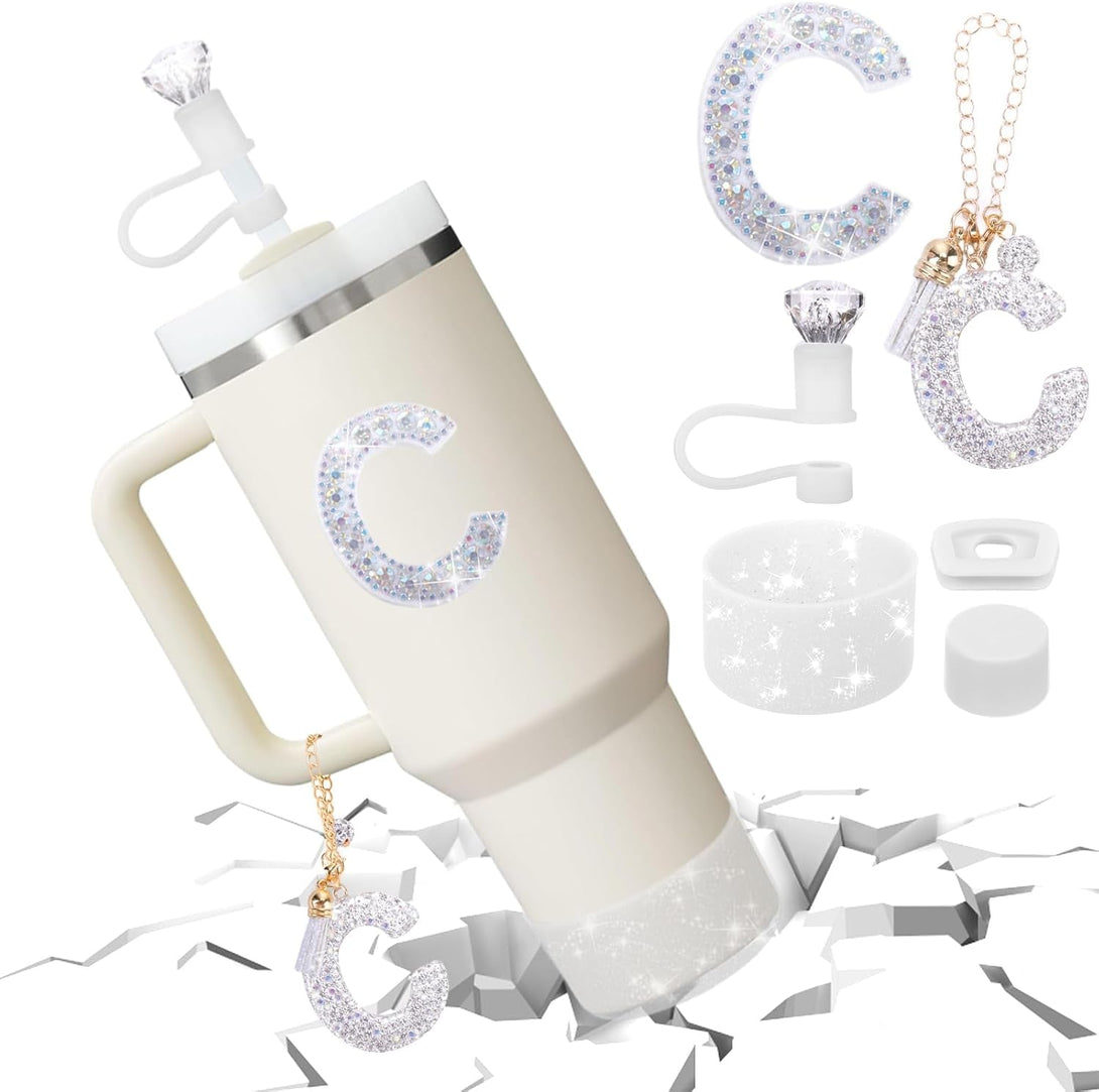 Mity Rain Accessories Set for Stanley Cup, Initials Decorations for Tumbler Cup 30/40OZ, Including Diamond Straw Topper/Spill Proof Stopper/Sparkly Silicone Boot Set/Letter Charms for Handle A-Z (C)