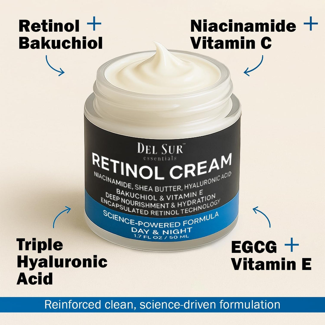 DEL SUR Retinol Cream for Face 50Ml – Anti-Aging Night Moisturizer with Hyaluronic Acid, Bakuchiol & Niacinamide – Korean Retinol Cream for Wrinkles, Fine Lines & Dark Spots 50Ml