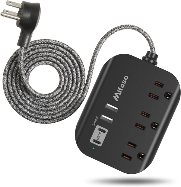 Cruise Ship Essentials - Mifaso Power Strip with USB, Mountable Flat Plug Power Strip with 3 Outlets 4 USB Ports(Smart 3.1A), 5Ft Braided Extension Cord, Compact for Cruise Ship, Travel, Home, Dorm
