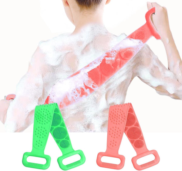 Back Scrubber for Shower,2 Pcs Silicone Back Scrubber for Shower, Silicone Exfoliating Bath Body Brush with Handle for Mens and Womens (Pink/Green)