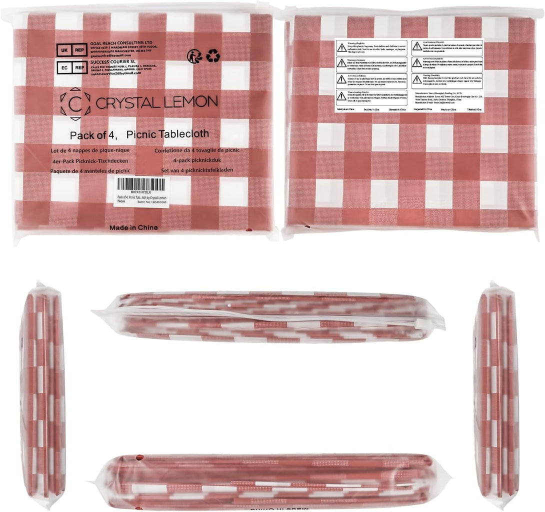 Pack of 4, Red and White Checkered Picnic Table Cover, Disposable Plastic Party Cover, Plaid Design by Crystal Lemon