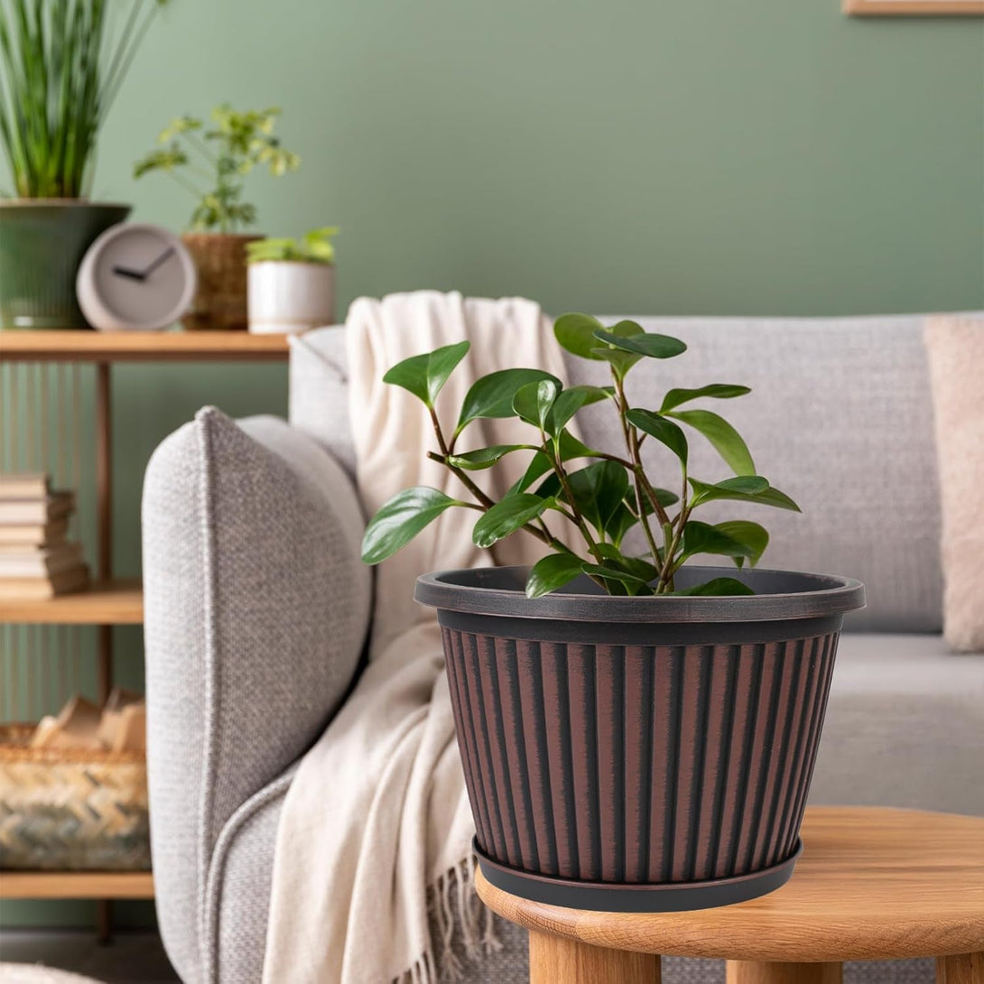 10 Inch Planter-Pots-For-Plants-Indoor-Outdoor, 4 Pack Plastic Flower Pots with Saucer & Drainage Holes, Modern Decorative Resin Garden Pots