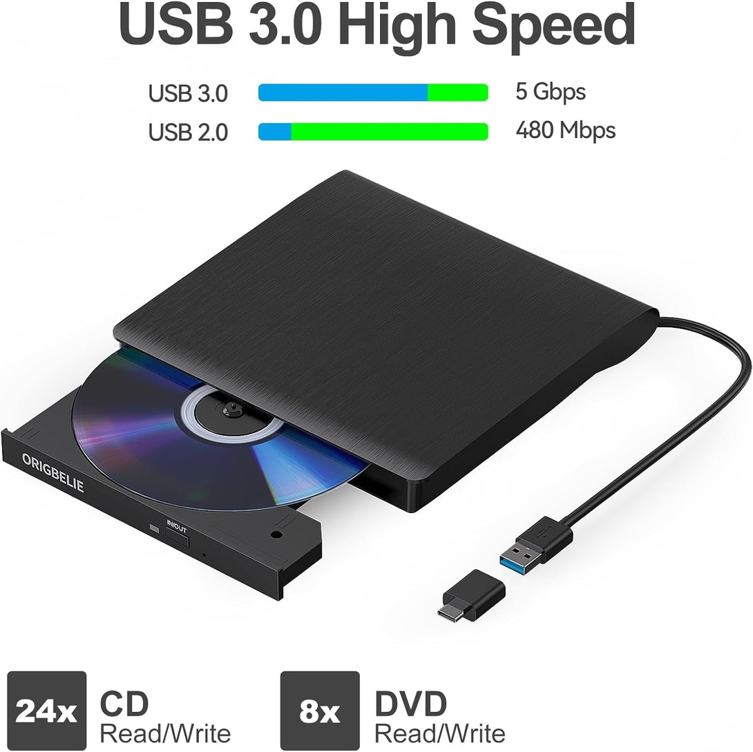 External CD/DVD Drive for Laptop, USB 3.0 CD Burner +/-RW CD ROM External DVD Drive Portable DVD Player for Laptop Desktop PC Apple Mac Windows 11/10/8/7/XP Linux OS