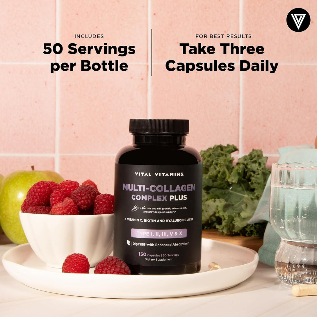 Vital Vitamins Multi Collagen Complex plus - with Biotin, Hyaluronic Acid, Vitamin C - Type I, II, III, V, X - for Women & Men - Hair, Skin, Nails Beauty Complex - 150 Capsules
