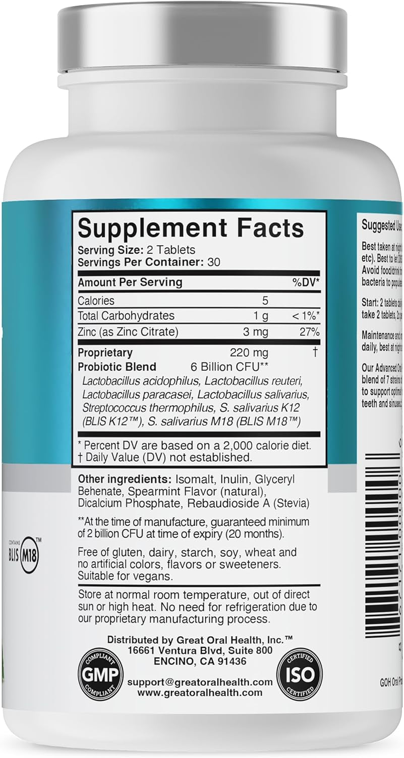 Oral Probiotics for Mouth Bad Breath Treatment for Adults; Dentist Formulated Dental Probiotics for Teeth and Gums Health & Chronic Halitosis with BLIS K12 M18, 60 Chewable Oral Health Tablets Mint
