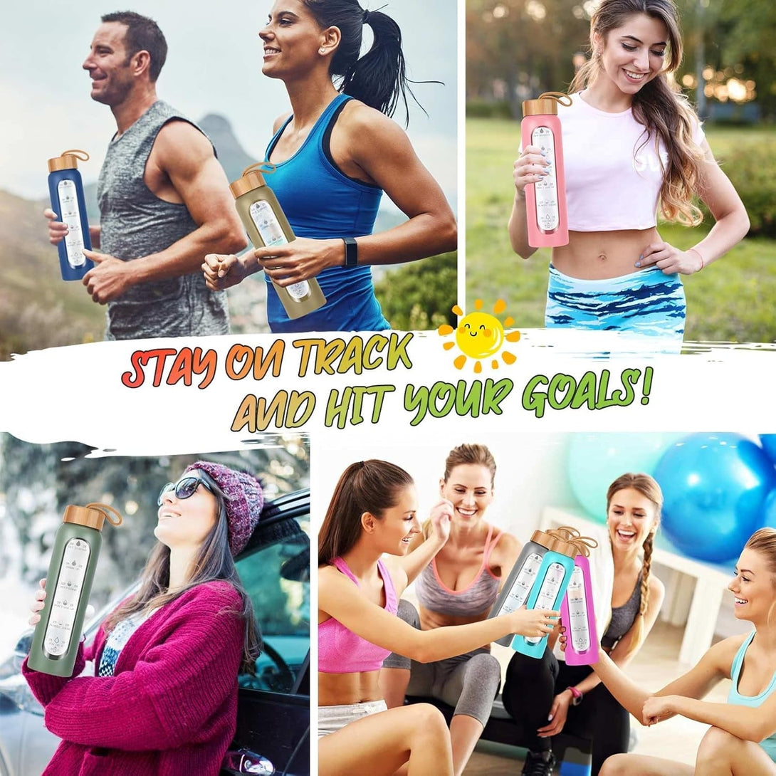 Aqulea Glass Water Bottles 32 Oz with Silicone Sleeve - BPA Free Reusable Wide Mouth Glass Motivational Water Bottles with Fruit Infuser – Leak Proof Borosilicate Water Bottle with Time Marker (Blue)