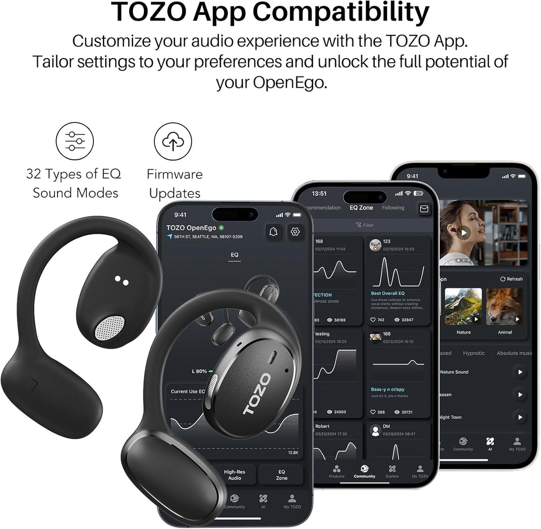 TOZO Openego True Wireless Open Ear Headphone, 5.3 Bluetooth Sport Earbuds with Earhooks for 80H Playback with Digital Display, 32 EQ Modes Dual Mic Clear Call Sweat-Proof for Running Workout Black