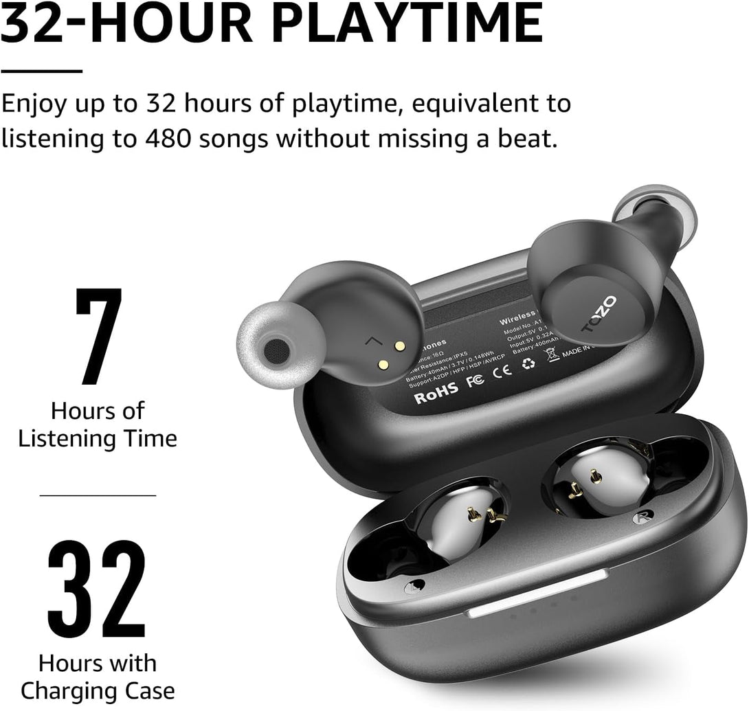 TOZO A1 Wireless Earbuds Bluetooth 5.3 Light Weight in Ear IPX5 Waterproof Headphones 2 Mic for AI Calls, Immersive Premium Sound Bass Headset with Charging Case, 32 Presets EQ Customization via App