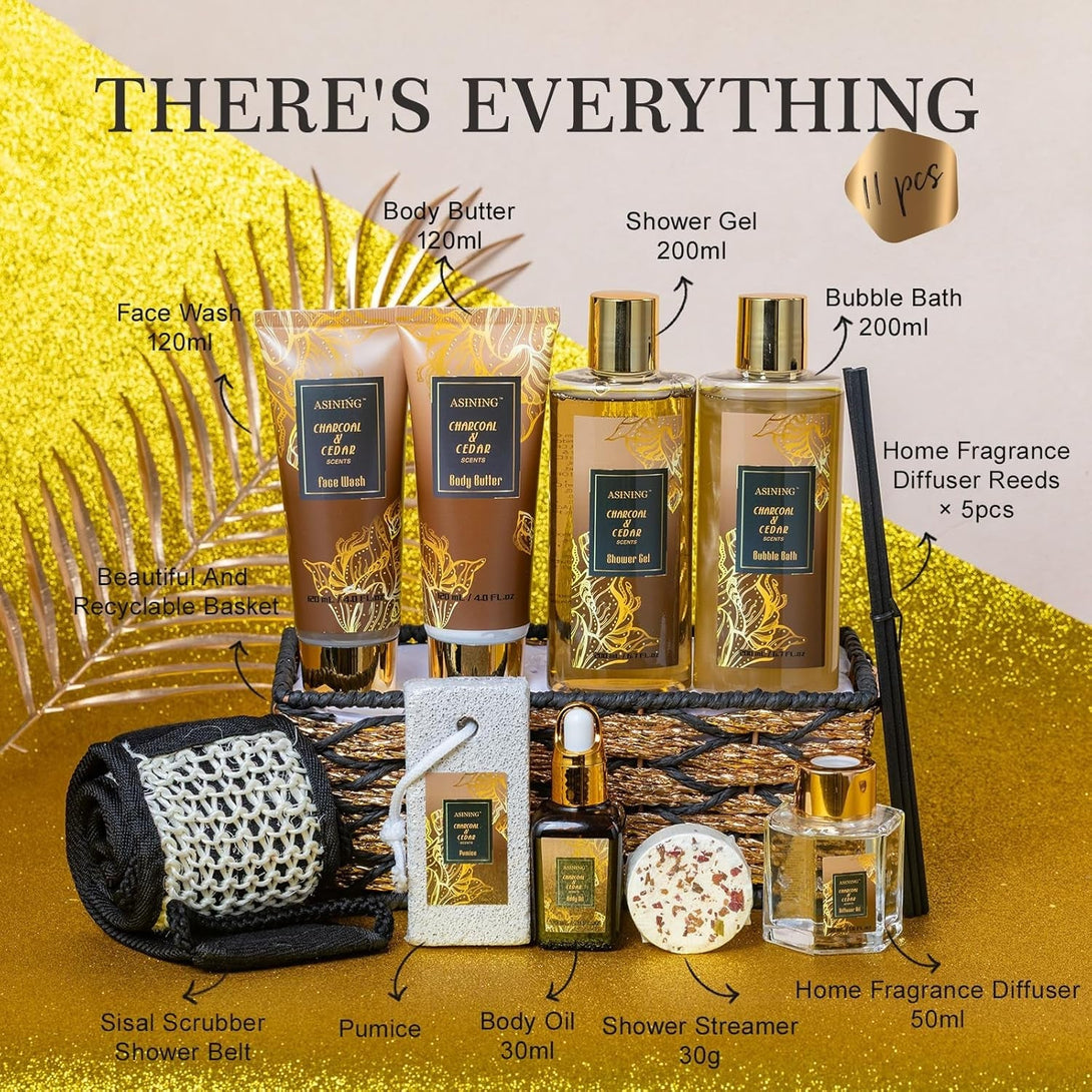 Spa Set for Women & Mens Gift, Relaxing Gifts for Men, Mothers Day Gifts with 14PCS Charcoal & Cedar Scents Spa, Includes Bubble Bath, Shower Gel, Body Butter, Spa Kit for Mans Gift Set