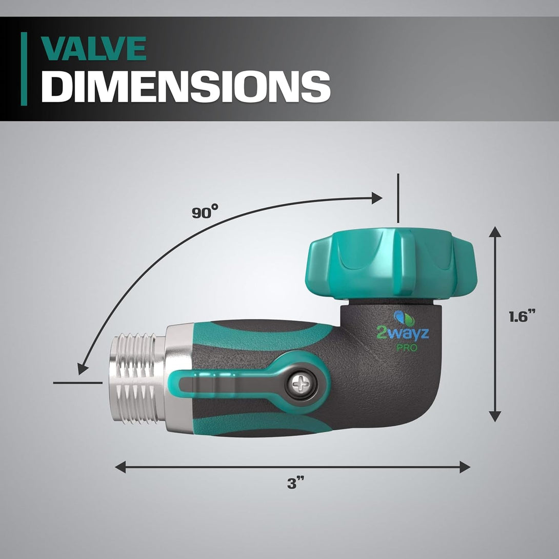 2WAYZ 90 Degree Hose Elbow Angle Connector with Shut off Valve - 2023 Heavy Duty Model, Water Hose Fittings, 90 Degree Hose Elbow with Two Shut Offs, Compatible with Garden Hose and Spigot, Green
