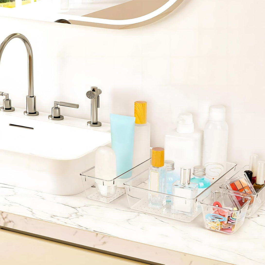 13-Piece Clear Plastic Drawer Organizers: 3 Sizes, Stackable, Anti-Slip, Multi-Function, 2-Year Warranty
