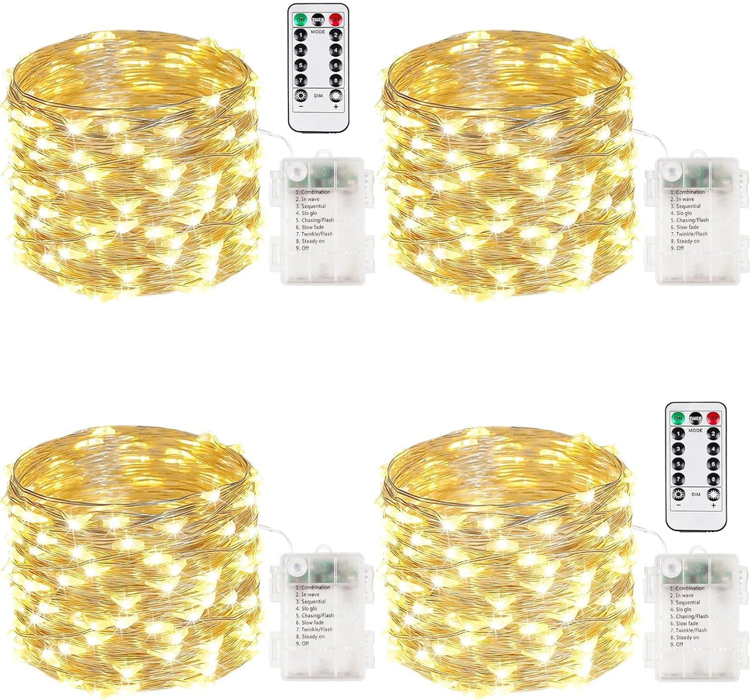4 Pack 100 LED Fairy Lights Battery Operated with Remote, 33FT Waterproof Twinkle Lights with Timer & 8 Modes, Fairy String Light Outdoor Indoor for Bedroom Classroom DIY Christmas Decor (Warm White)