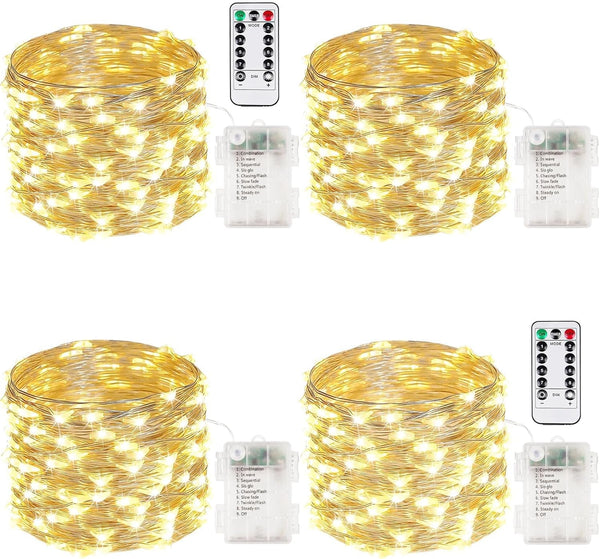 4 Pack 100 LED Fairy Lights Battery Operated with Remote, 33FT Waterproof Twinkle Lights with Timer & 8 Modes, Fairy String Light Outdoor Indoor for Bedroom Classroom DIY Christmas Decor (Warm White)