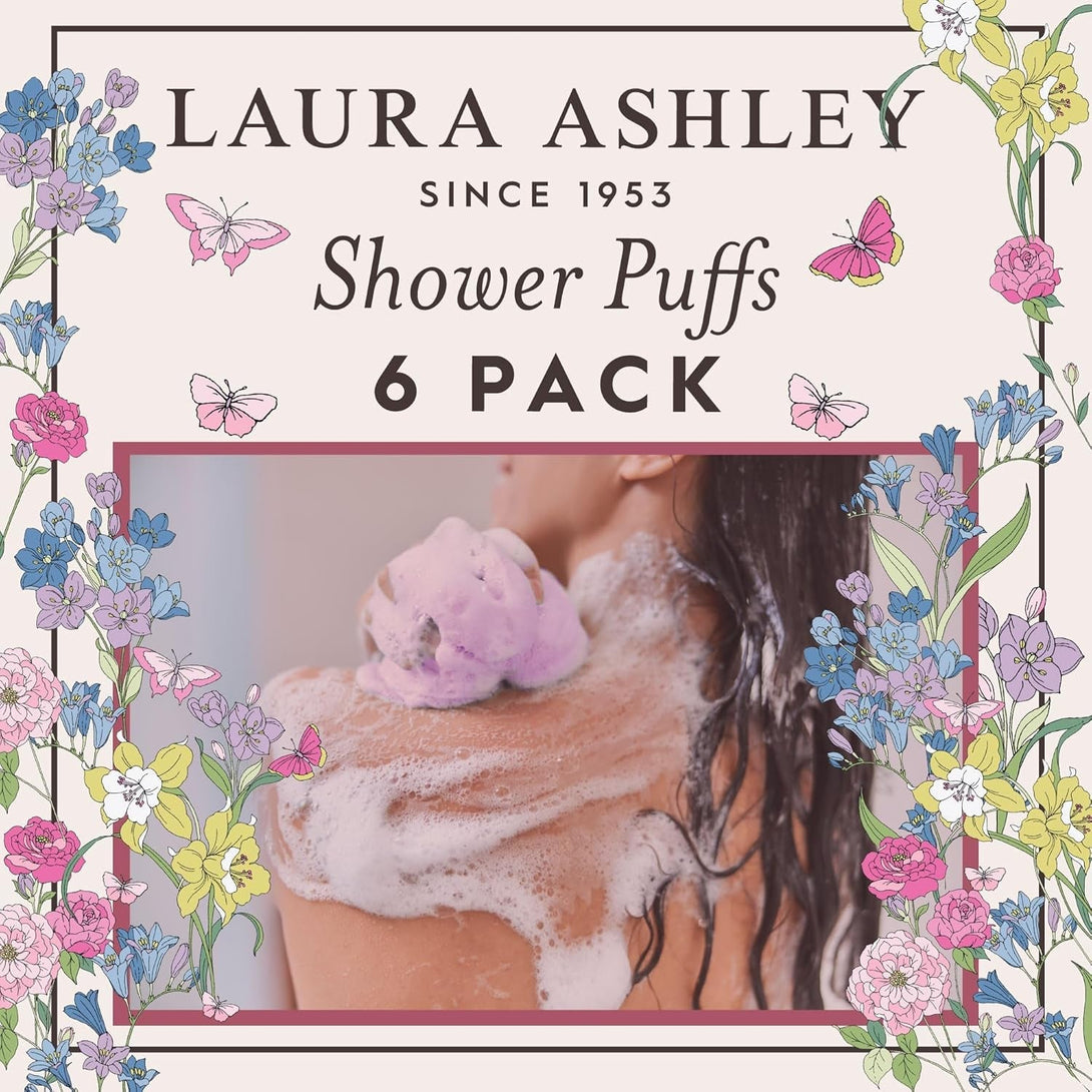 Laura Ashley 6 Pack Loofah for Women - Shower Poufs, Exfoliating & Cleansing Body Scrubbers for Shower with Washable Zip up Bag