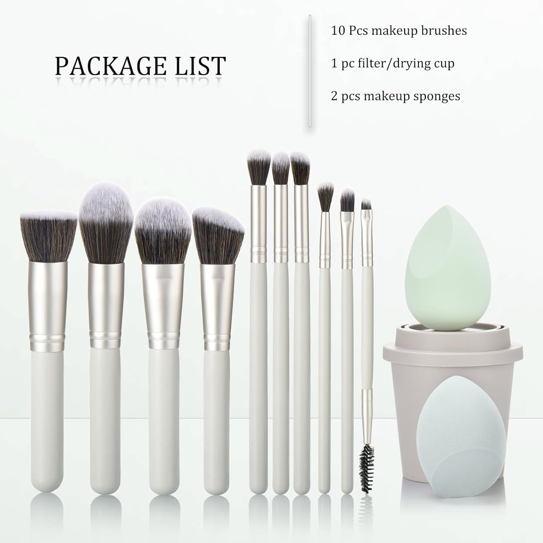 10Pcs Makeup Brush Set with Sponges and Drying/Storage Case，Best Gift for Women/Girls, Used for Powder, Foundation, Highlight, Eye Shadow, Concealer, Etc., Suitable for Beginners (Green 13Pcs)