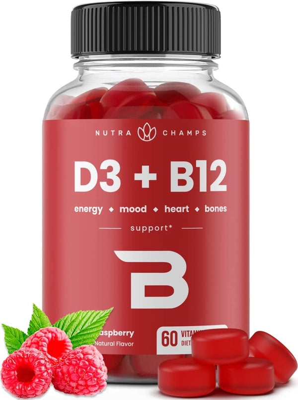 Nutrachamps Vitamin D3 & B12, Methyl B12 Gummies for Adults & Kids, Enhanced with Vitamin D 3 & B9 Vitamin Folate, Natural Energy, Mood, Metabolism & Focus, Raspberry, 60 Gummies