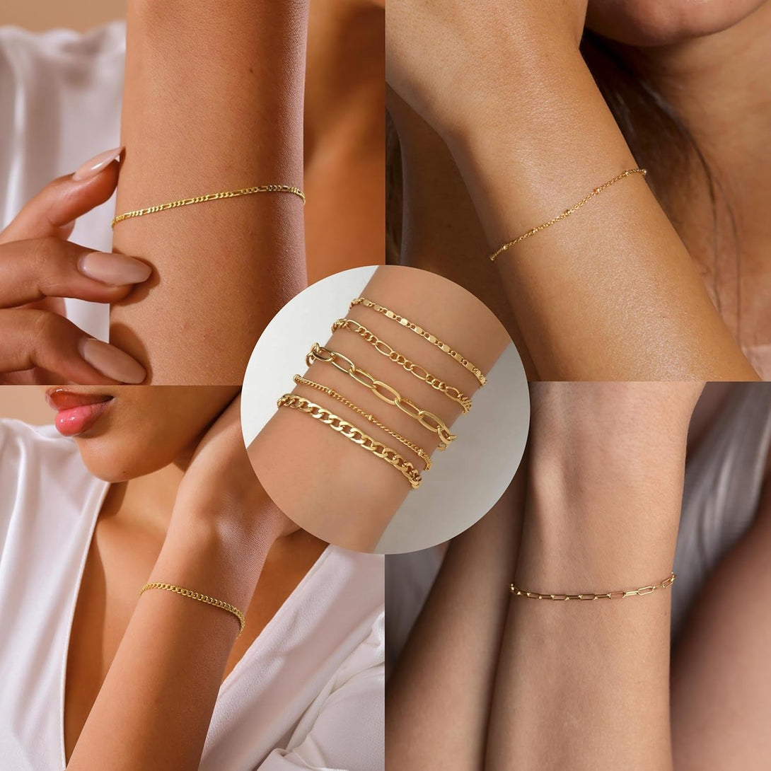 Gold Bracelets for Women Trendy,14K Real Gold Plated Dainty Stackable Paperclip Cuban Link Chain Bracelets,Cuff Bracelets Jewelry Set Adjustable 7"+2"