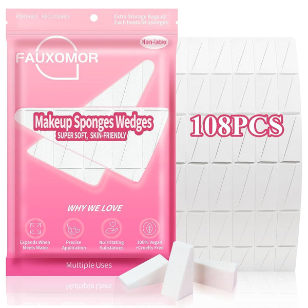 108 Pcs New Makeup Sponges Wedges for Face Foundation, Latex-Free Triangle Cosmetic Make up Sponge for Flawless Application and Blending, Beauty Blender for All Skin Types with Two Pouches