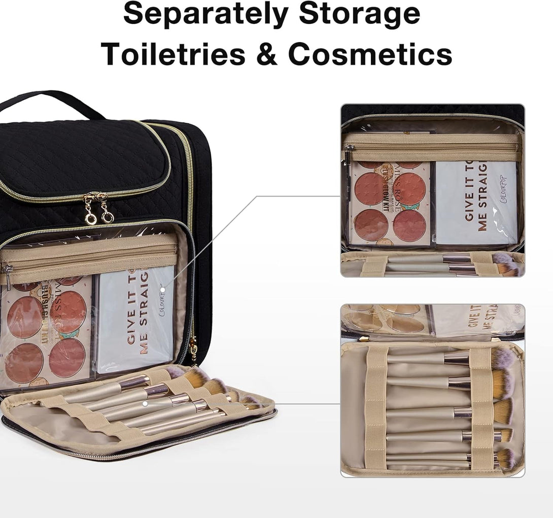 BAGSMART Toiletry Bag, Travel Toiletry Bag for Women, Water-Resistant Cosmetic Makeup Bag, Large Capacity Door Room Essentials Travel Organizer for Full Sized Toiletries and Cosmetics, Black