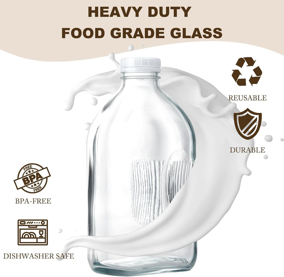 Glass Milk Jugs Bottle - 64Oz Water Container with Airtight Screw Lid, Half Gallon Juice Jar Pitcher for Storage Iced or Hot Drinks in Refrigerator, Set of 1