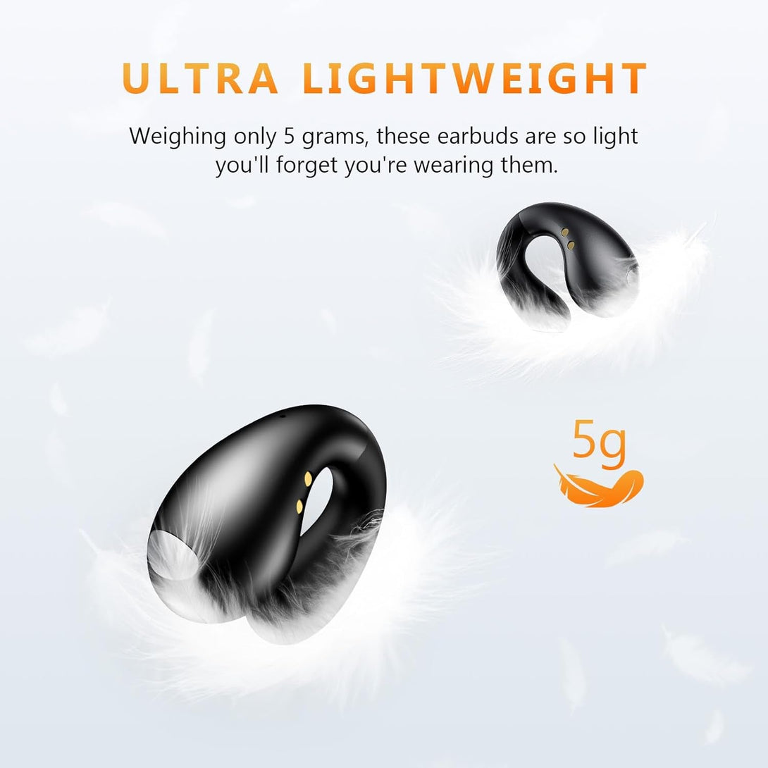 Open Ear Earbuds Wireless Bluetooth 5.3 Earphones, Flexible Clip on Ear Buds with 36H Playtime LED Display Bone Conduction Headphones, IPX7 Waterproof Light Weight Fit for Every Ear, Sport, Workout