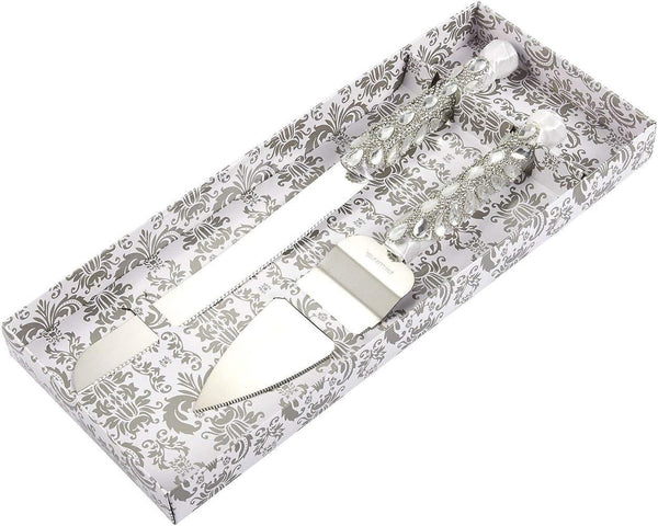 Juvale Stainless Steel Wedding Cake Knife and Server Set for Cake Cutting Ceremony, Embellished with Faux Crystals, Diamonds, Ribbon