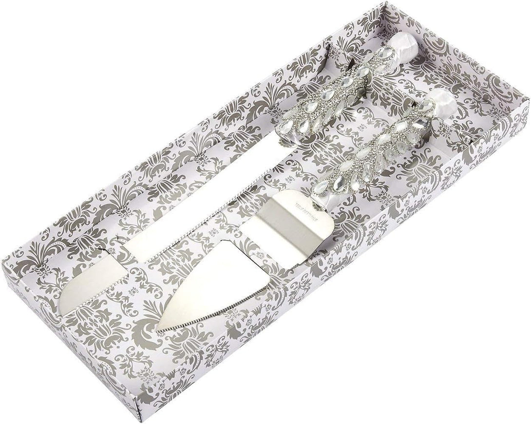 Juvale Stainless Steel Wedding Cake Knife and Server Set for Cake Cutting Ceremony, Embellished with Faux Crystals, Diamonds, Ribbon