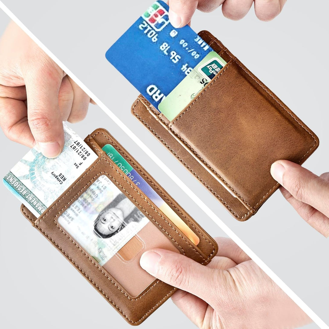 Trifold Wallet for Men Wallets with 8 Card Slot and 2 Money Pocket and 1 Clear Windows Slot + 1 Slim Card Pocket for Credit Card with 6 Card Slot and 1 Transparent Windows Slot - Brwon