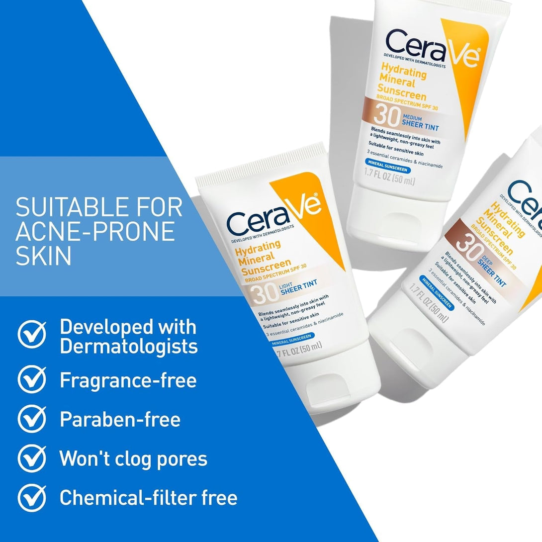 Cerave Hydrating Mineral Sunscreen SPF 30 with Sheer Tint, Tinted Mineral Sunscreen with Zinc Oxide & Titanium Dioxide, Blends Seamlessly for Healthy Glow, Light, 1.7 Oz