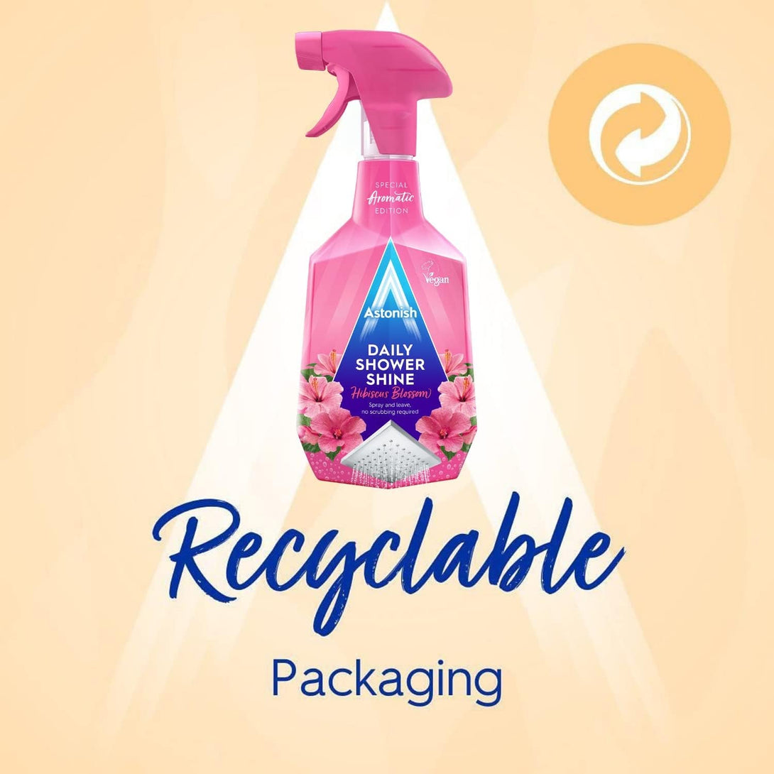 Astonish Daily Bathroom Shower Shine Cleaning Spray - Hibiscus Blossom Limescale Remover Shower Spray Prevents Watermarks from Hard Water - Health & Household Multi Purpose Cleaner 750Ml Spray Bottle