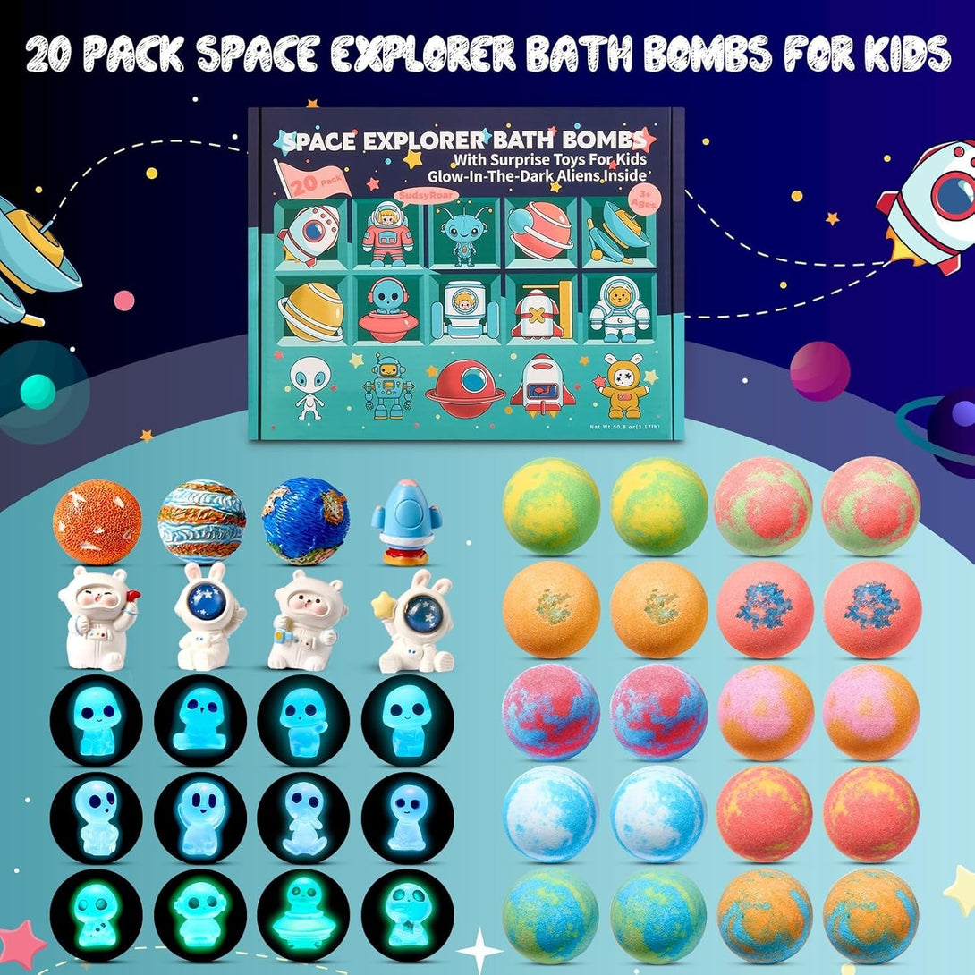 20 Pack Galaxy Bath Bombs for Kids with Space Explorer Toys, Cosmic Adventure Kids Bath Bombs with Astronauts, Rockets, Planets & Glow-In-The-Dark Aliens Inside,End-Of-School Year Gifts