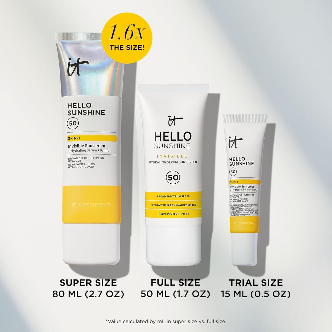 IT Cosmetics Hello Sunshine Invisible Sunscreen for Face SPF 50 - Sunscreen, Hydrating Serum & Makeup Primer - 1% Pro-Vitamin B5 & Hyaluronic Acid - HSA/FSA Eligible - No White Cast