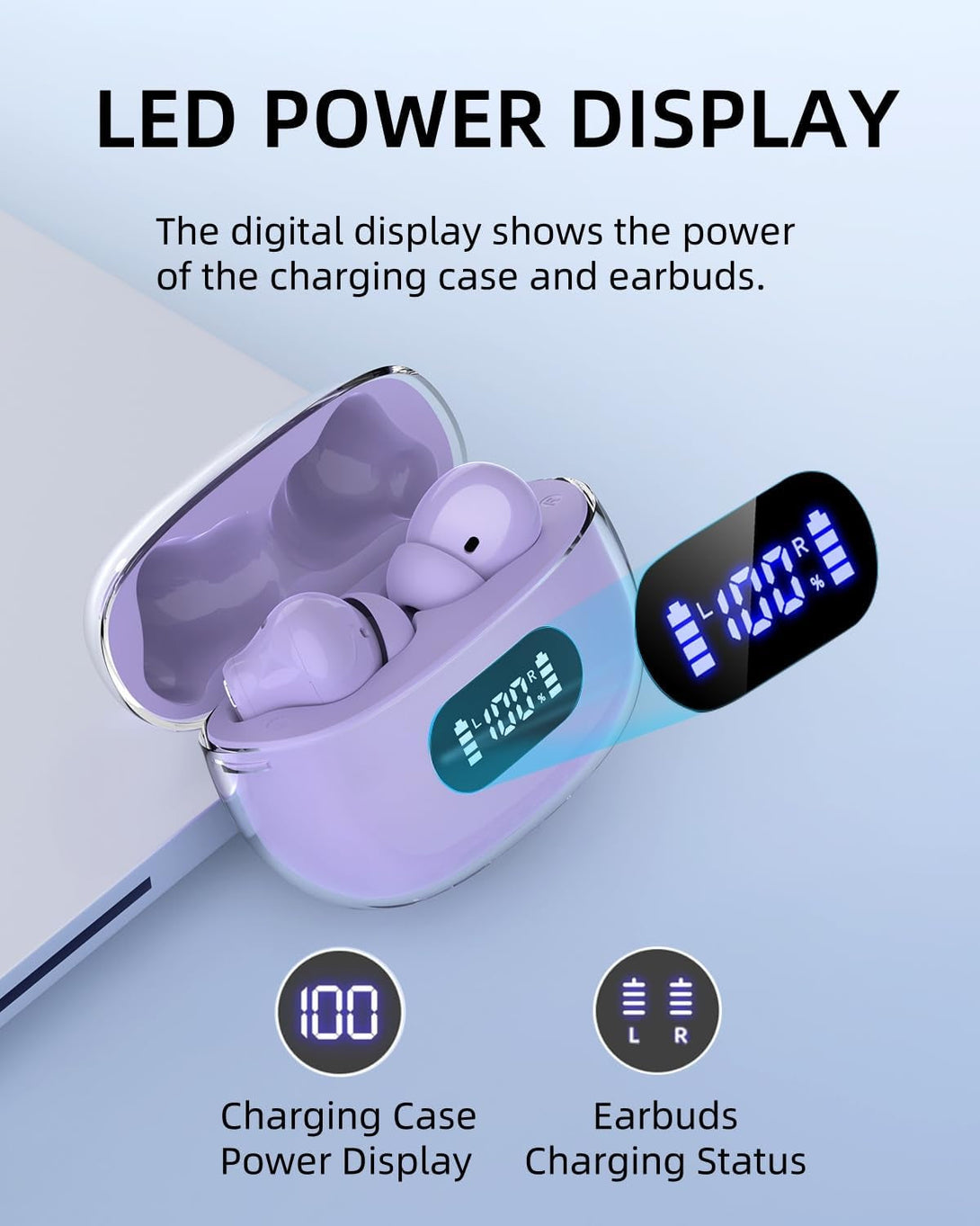 Purple Wireless Earbuds P1 PRO, Earphones Wireless Bluetooth Headphones with Clear Call Mics Ear Buds, Comfortable Fit, IPX7 Waterproof Long Battery Life, 30H Playtime for Sports Workout