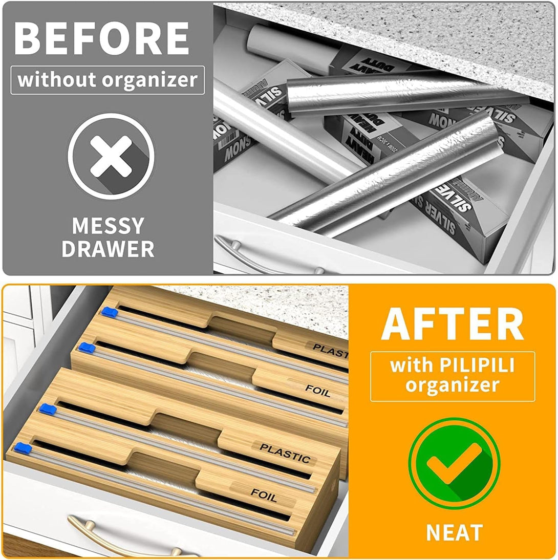 2 in 1 Plastic Wrap Dispenser, with Slide Cutter, for 12-Inch Food Cling Wrap Dispenser,Parchment Paper Aluminum Foil Dispenser for Kitchen Drawer,Roll Organizer Holder,Sturdy and Reusable