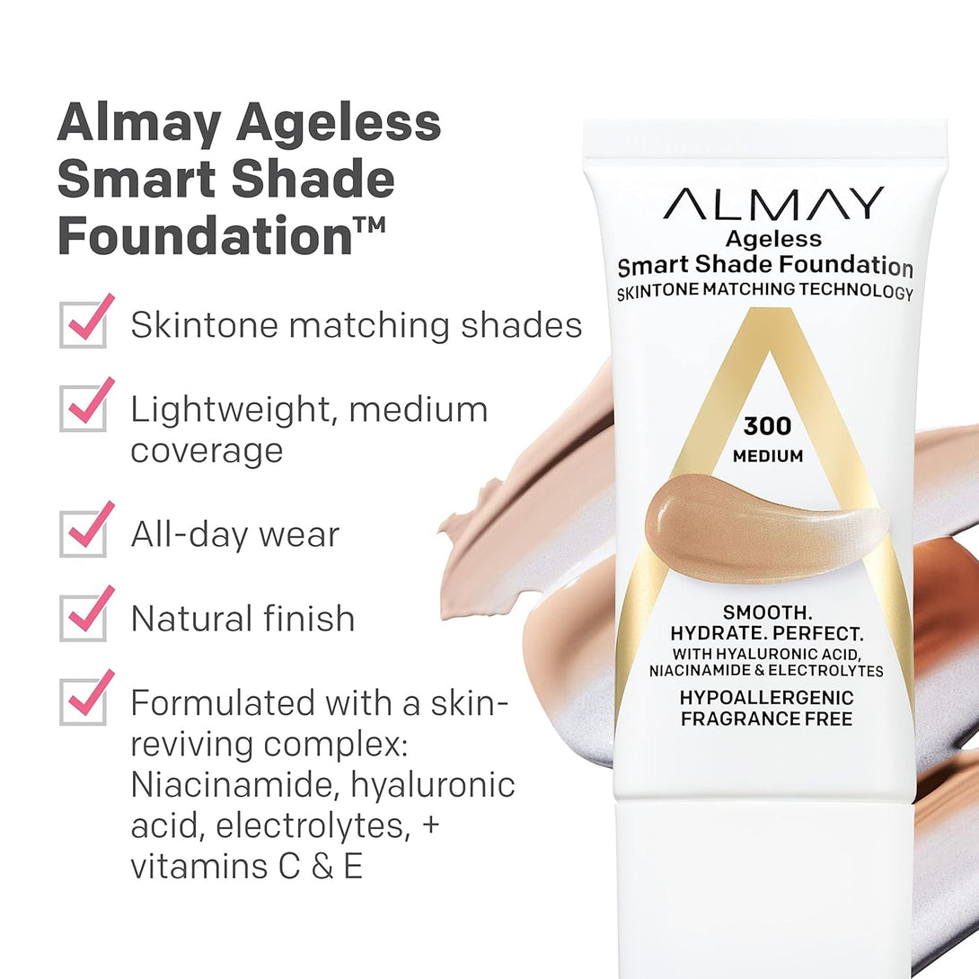 Almay Anti-Aging Foundation, Smart Shade Face Makeup with Hyaluronic Acid, Niacinamide, Vitamin C & E, Hypoallergenic-Fragrance Free, 200 Light Medium, 1 Fl Oz (Pack of 1)