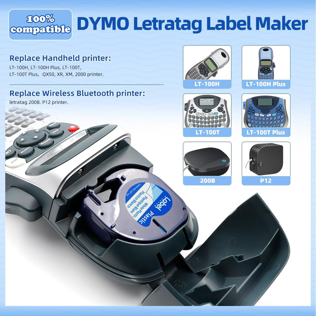 Compatible with DYMO Letratag Label Maker Refill 91331 White Plastic Tape 12Mm X 4M (1/2" X 13') for Labeler Letra Tag 200B LT 100H 100T Plus, 5-Pack Label KINGDOM Label