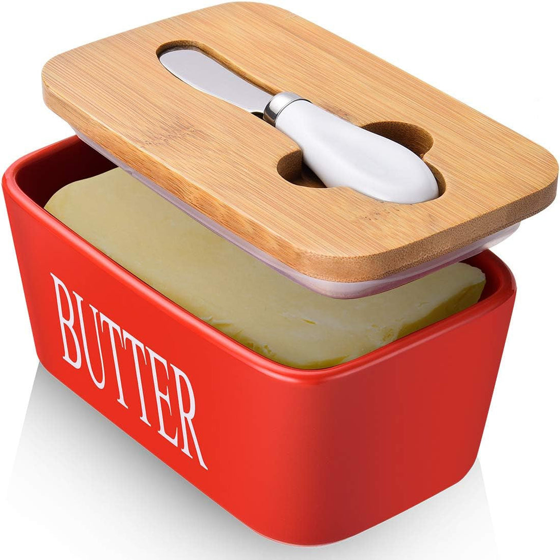 AISBUGUR Large Butter Dish with Lid Ceramics Butter Keeper Container with Knife and High- Quality Silicone Sealing Butter Dishes with Covers Good Kitchen Gift Red 6.3 X 3.5 X 2.7 Inches