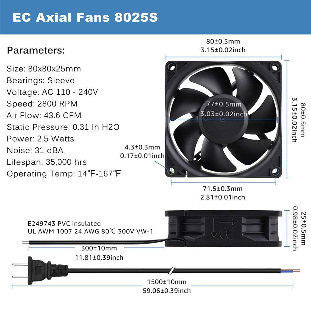 GDSTIME EC AXIAL 8025, Muffin Fan 110V 115V 120V 220V 240V AC 80Mm X 25Mm Small Brushless Cooling Fan with Switch Power Cord for DIY Ventilation Exhaust Projects