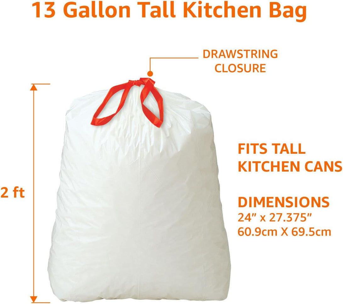 Amazon Basics Trash Bags, Tall Kitchen Drawstring, Unscented, 13 Gallon, 120 Count, Pack of 1